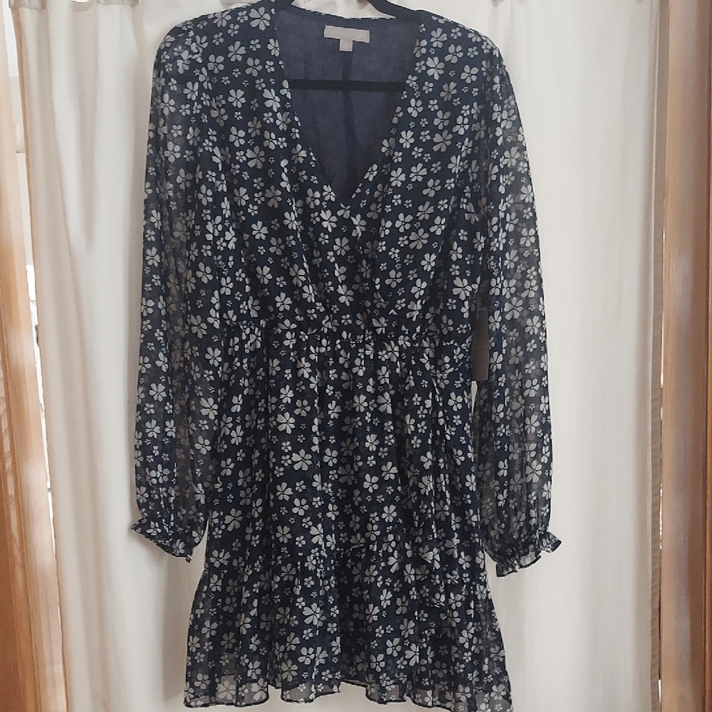 Chelsea28 Navy  and White Floral Long Sleeve Dress